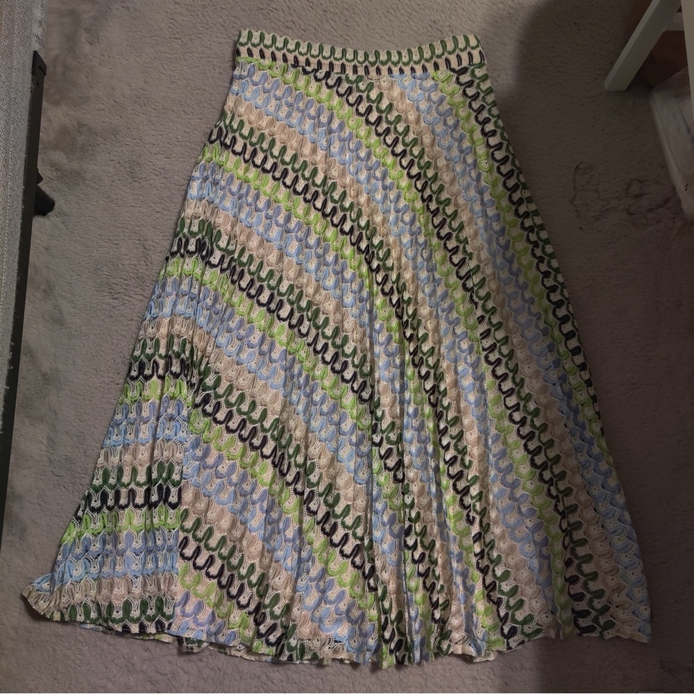 Mikobella Skirt Womens 38 Multicolor Crochet Knit Striped Blue Green Cream Tan